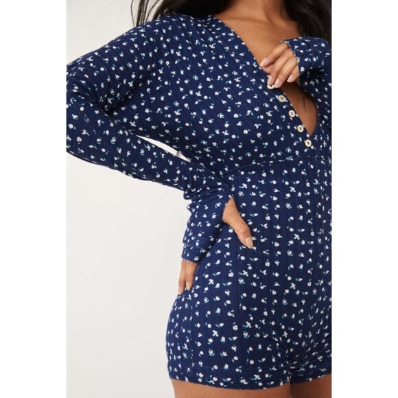 Free People Navy Floral L/S Thumbhole Romper PJ | Soft Girl Boho Coquette Lounge - Picture 3 of 16